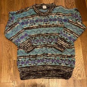Handmade 100% Merino Wool Sweater Vintage Ecuador Blue White Brown Men's L/XL